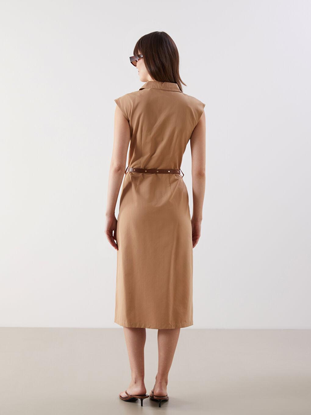 Bej Beli Kemerli Gömlek Elbise-3
