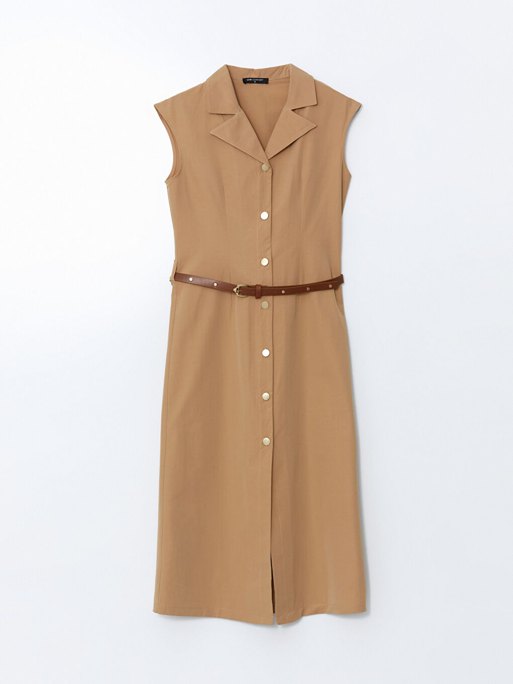 Bej Beli Kemerli Gömlek Elbise-4