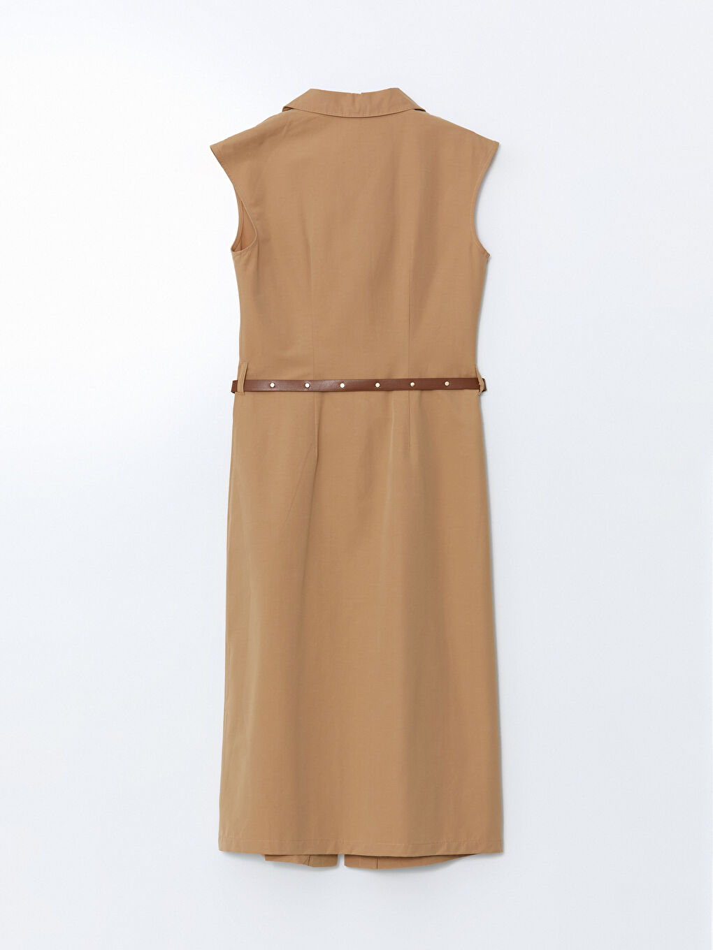 Bej Beli Kemerli Gömlek Elbise-5