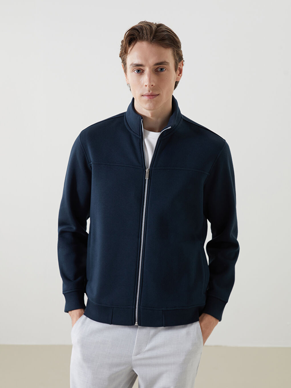 Lacivert Dik Yaka Uzun Kollu Erkek Fermuarlı Sweatshirt