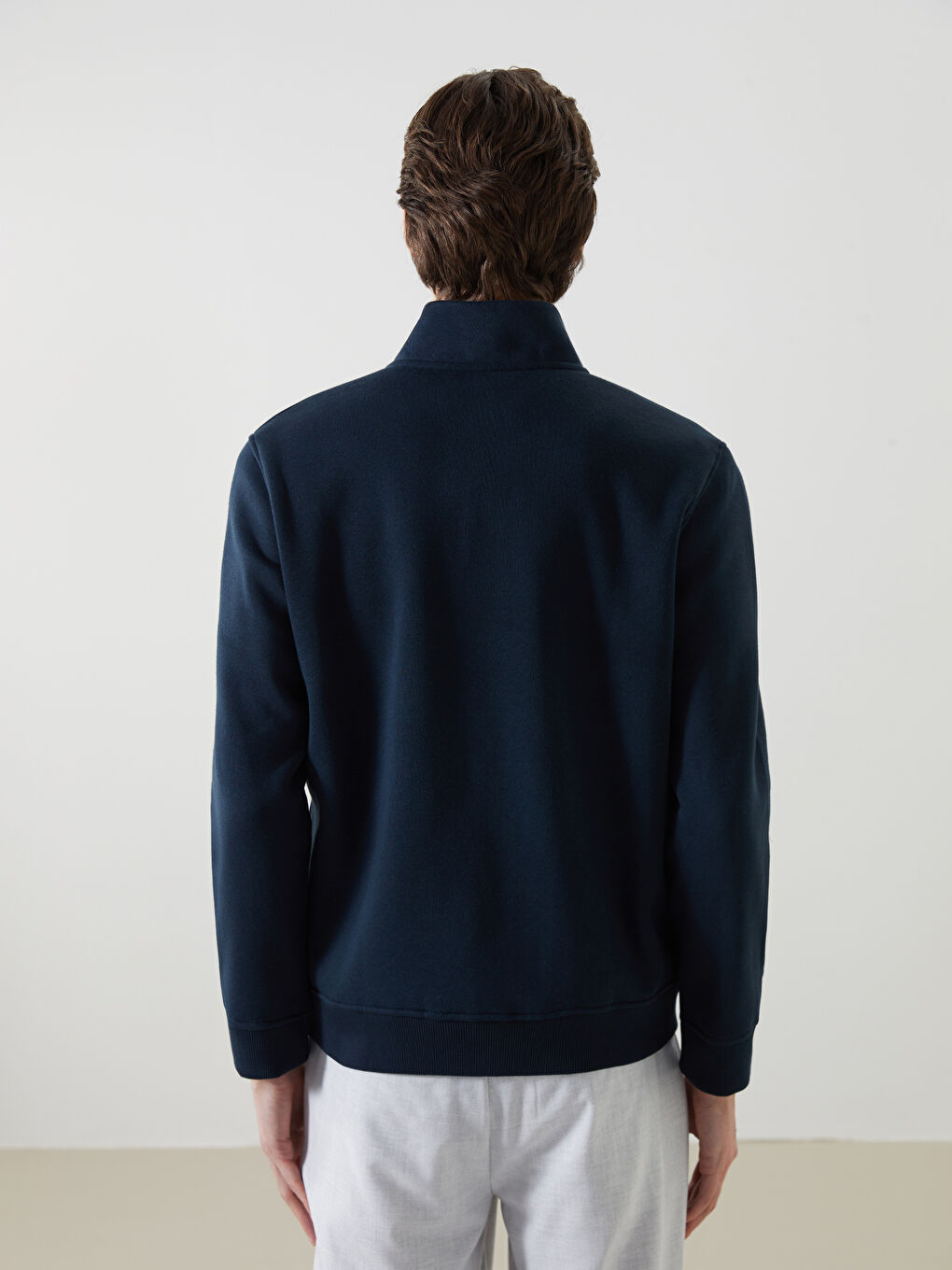 Lacivert Dik Yaka Uzun Kollu Erkek Fermuarlı Sweatshirt-3