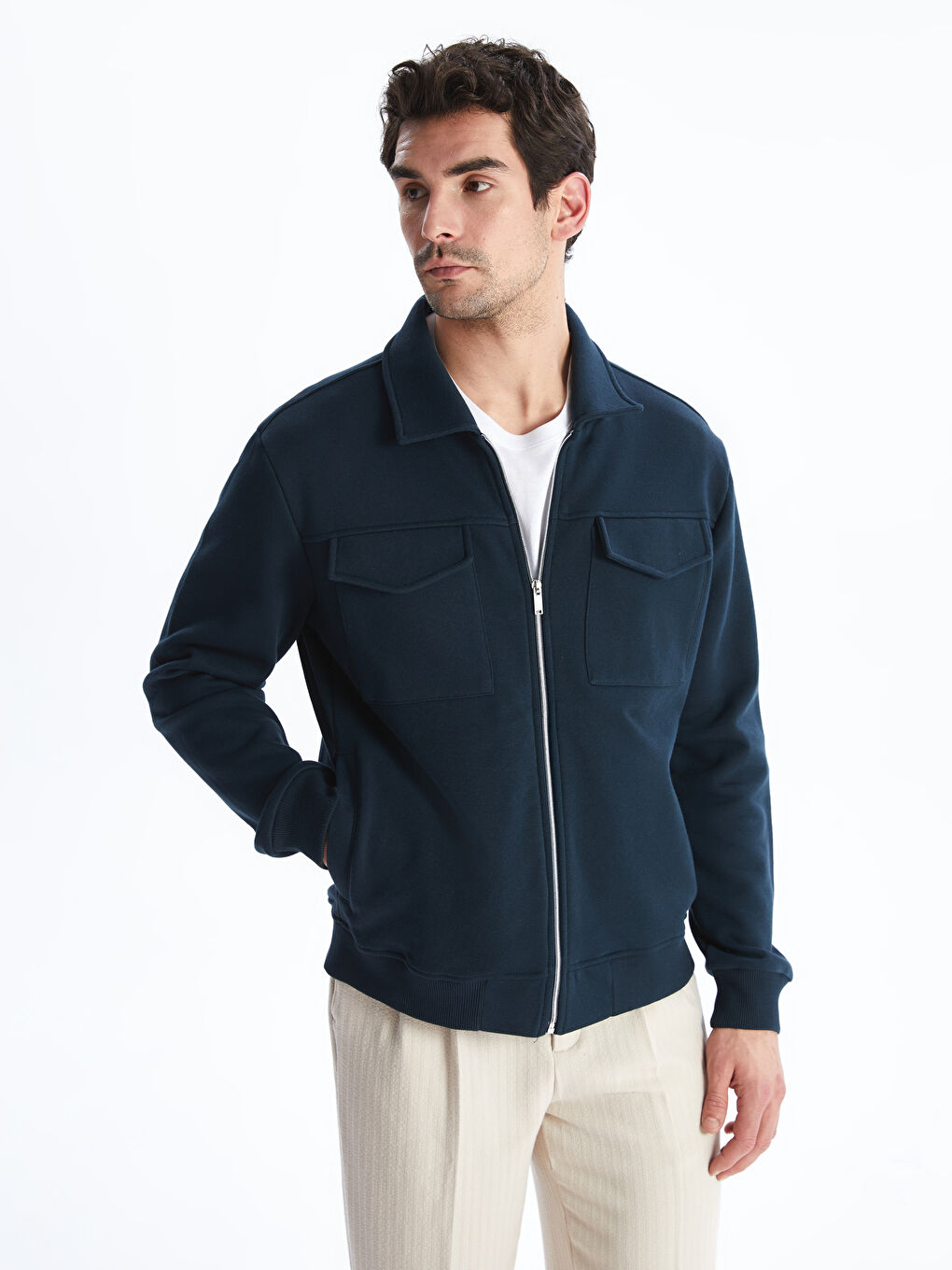 Lacivert Polo Yaka Uzun Kollu Erkek Fermuarlı Sweatshirt