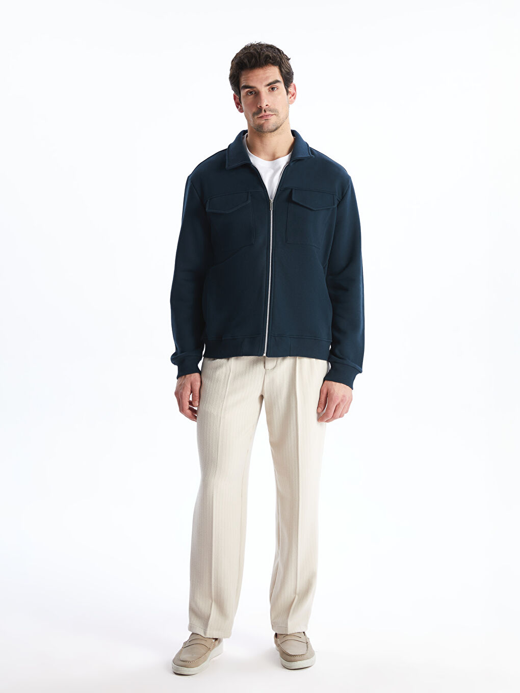 Lacivert Polo Yaka Uzun Kollu Erkek Fermuarlı Sweatshirt-1