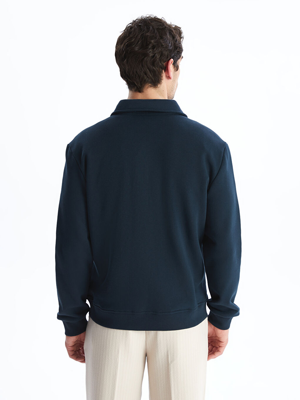 Lacivert Polo Yaka Uzun Kollu Erkek Fermuarlı Sweatshirt-4