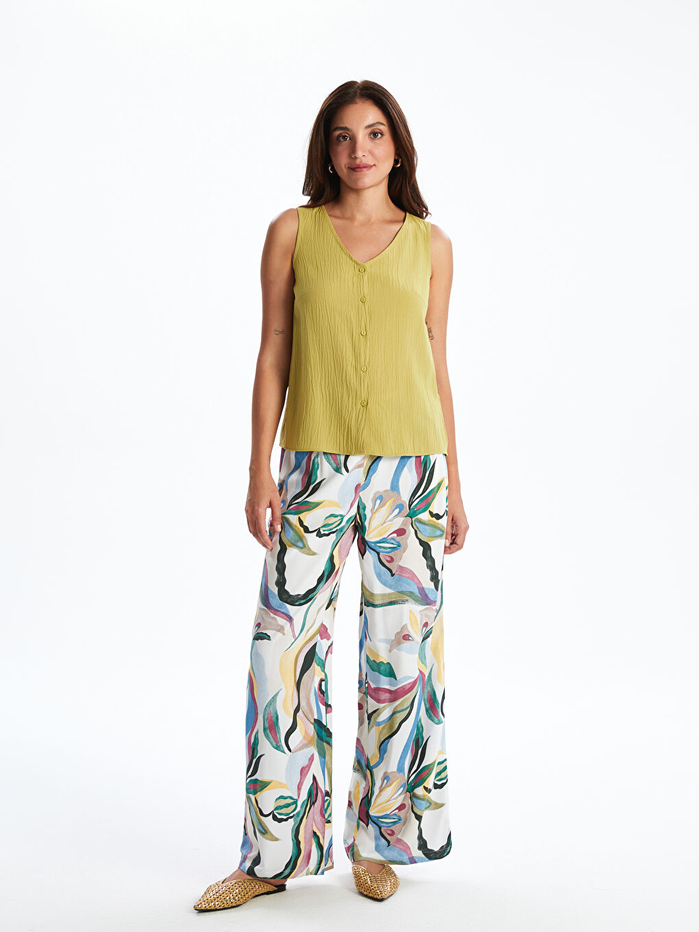 Elasticated Waist Patterned Wide Leg Women's Trousers
