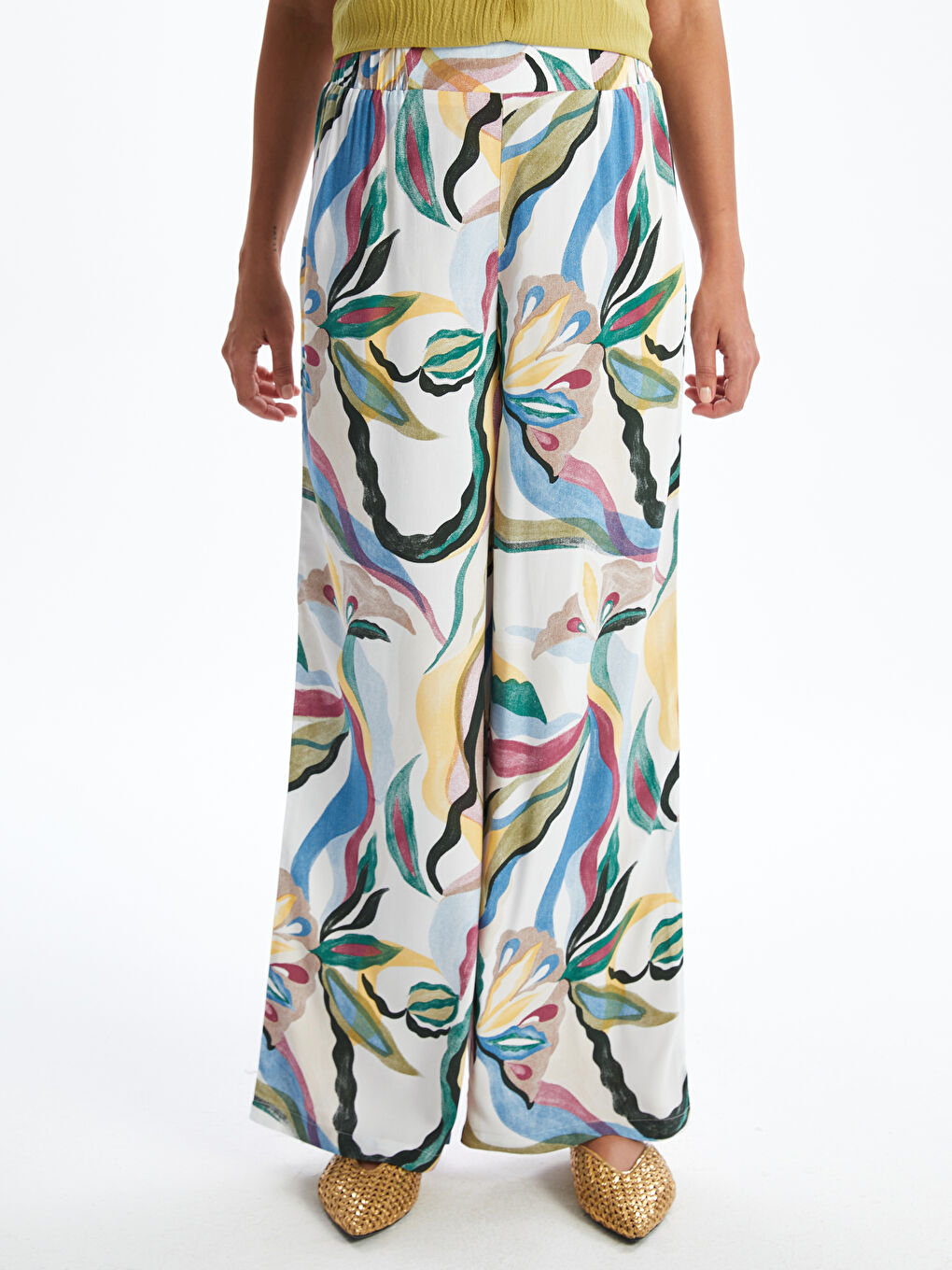 Elasticated Waist Patterned Wide Leg Women's Trousers-1