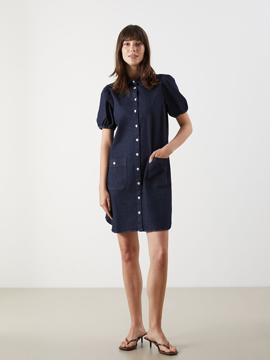 İndigo Gömlek Yaka Mini Jean Elbise