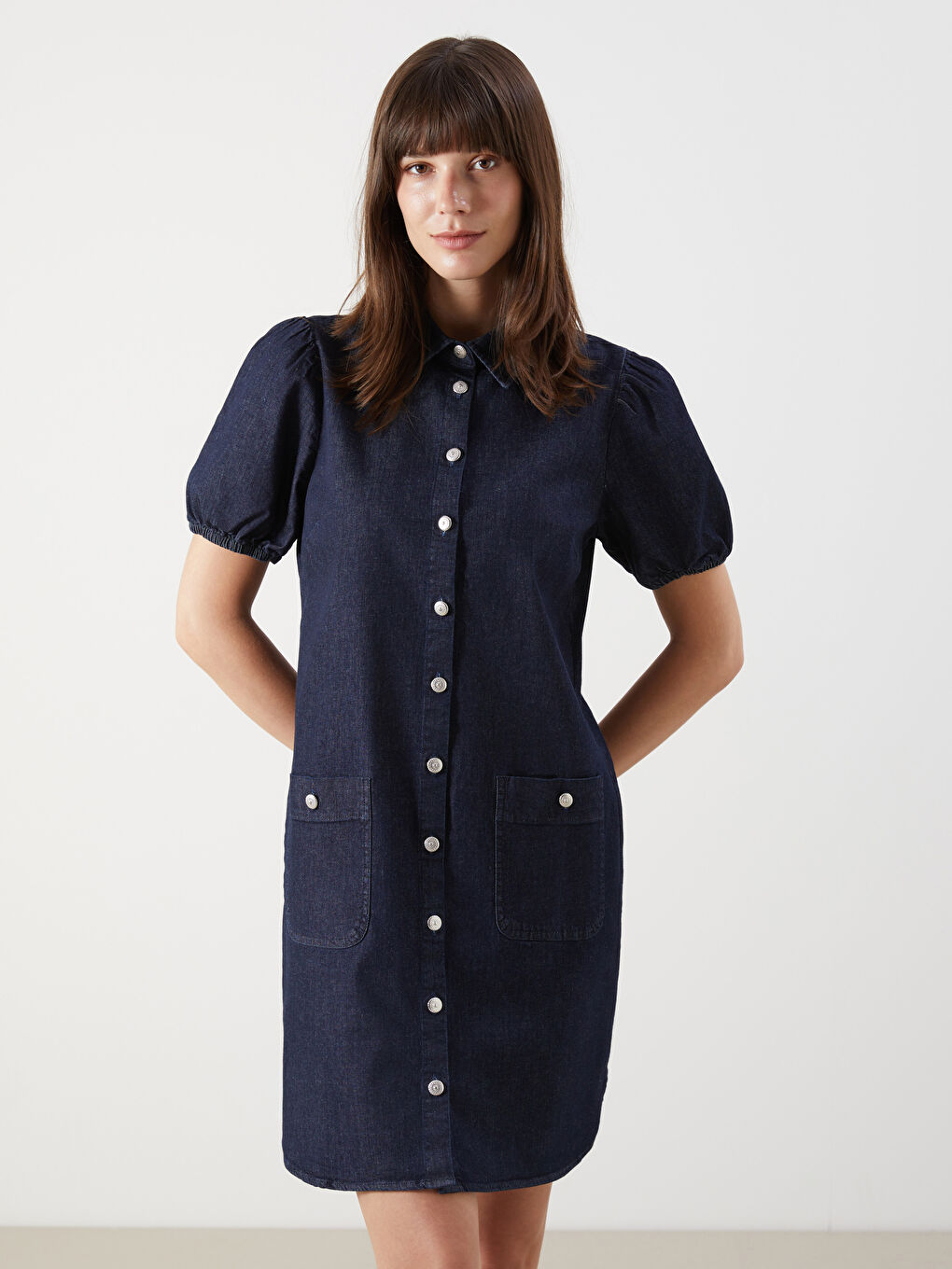 İndigo Gömlek Yaka Mini Jean Elbise-1