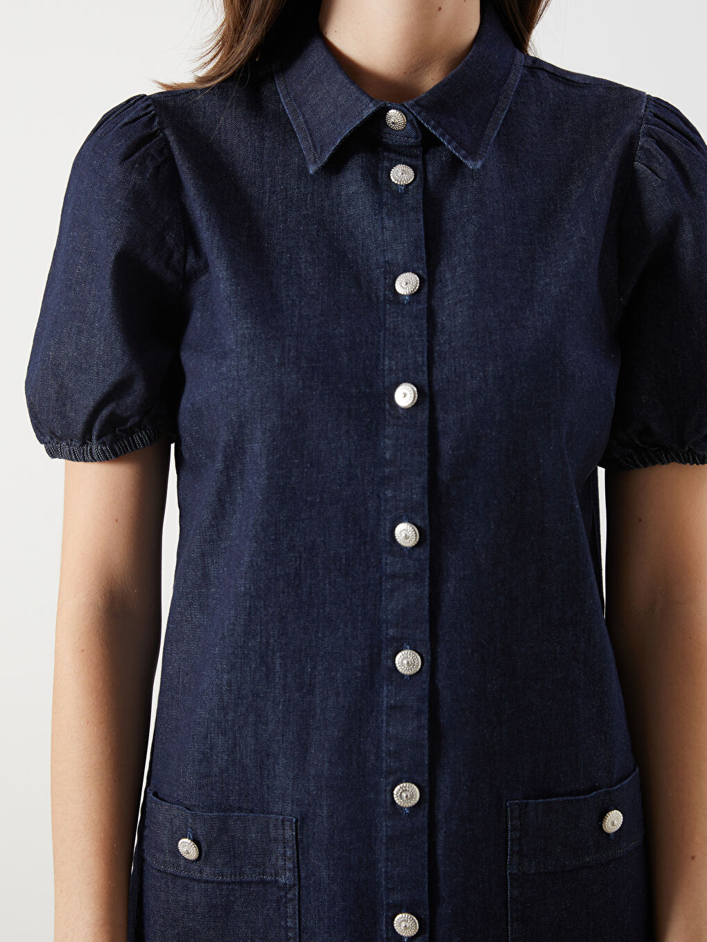 İndigo Gömlek Yaka Mini Jean Elbise-2