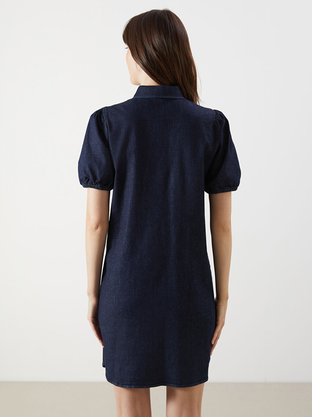 İndigo Gömlek Yaka Mini Jean Elbise-3