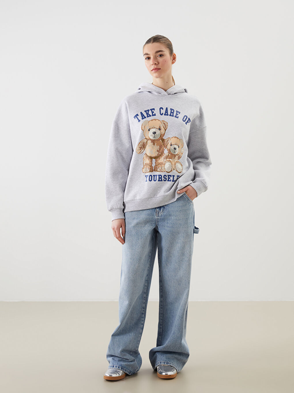 Gri Ayı Teddy Baskılı Oversize Kadın Kalın Hoodie-1