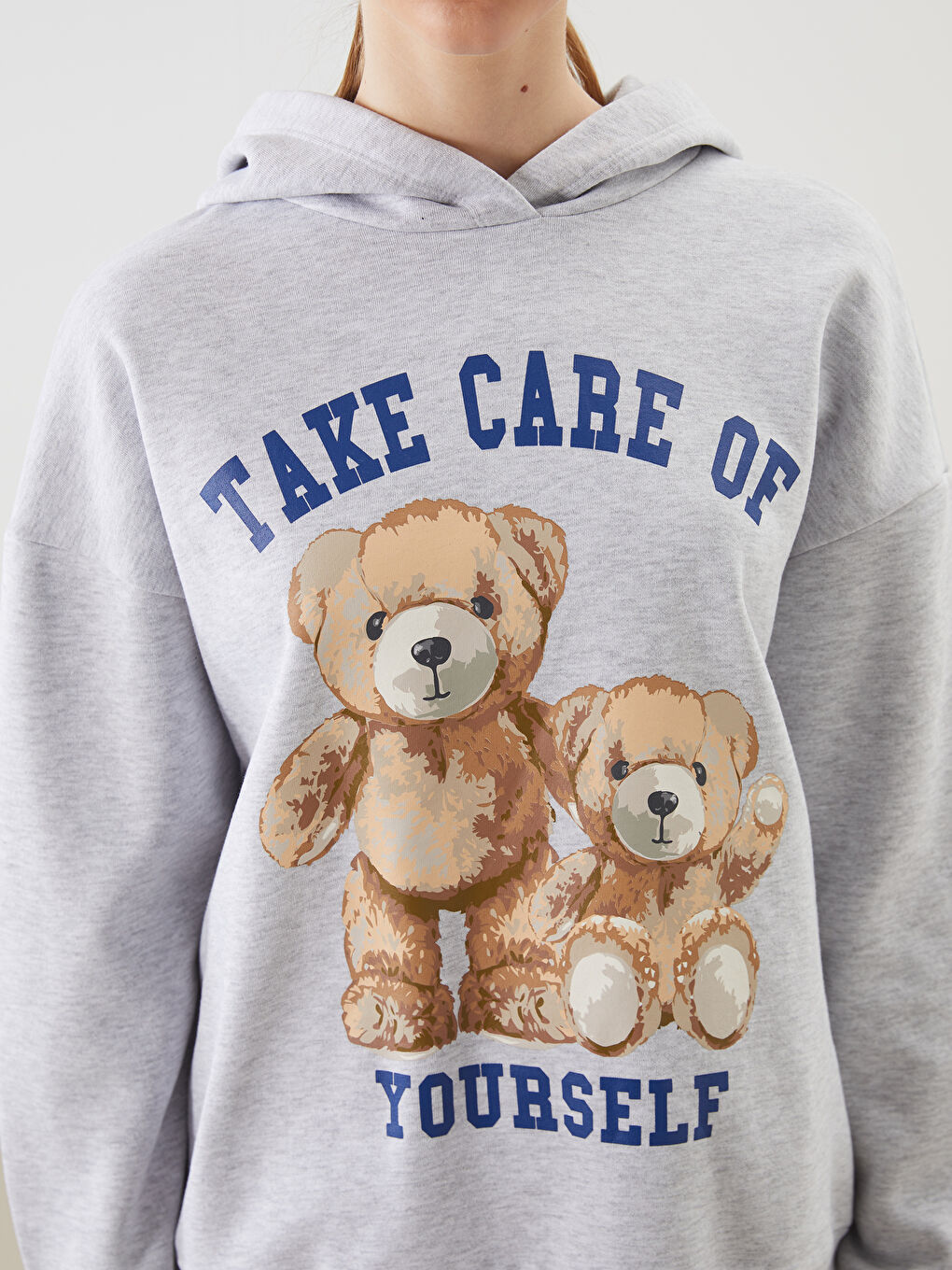 Gri Ayı Teddy Baskılı Oversize Kadın Kalın Hoodie-2