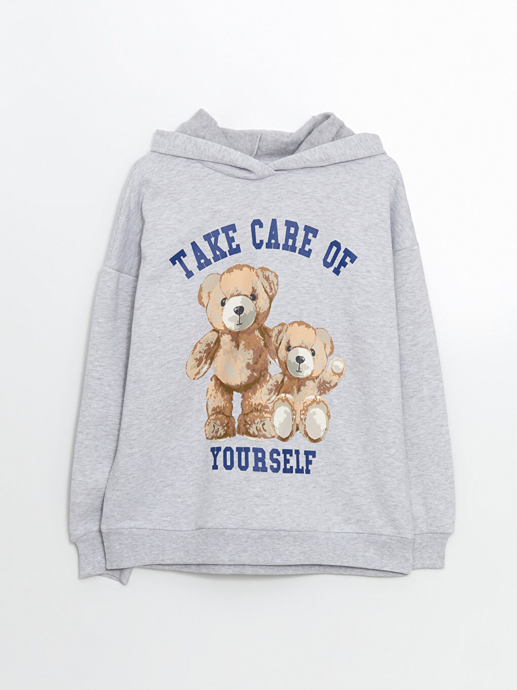 Gri Ayı Teddy Baskılı Oversize Kadın Kalın Hoodie-4