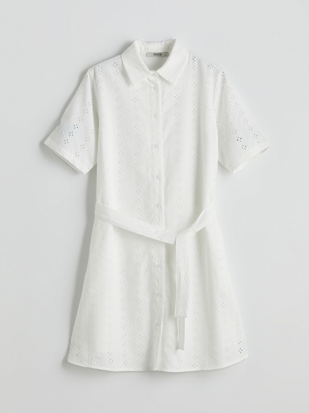 Beyaz Kendinden Desenli Brode Gömlek Elbise-4