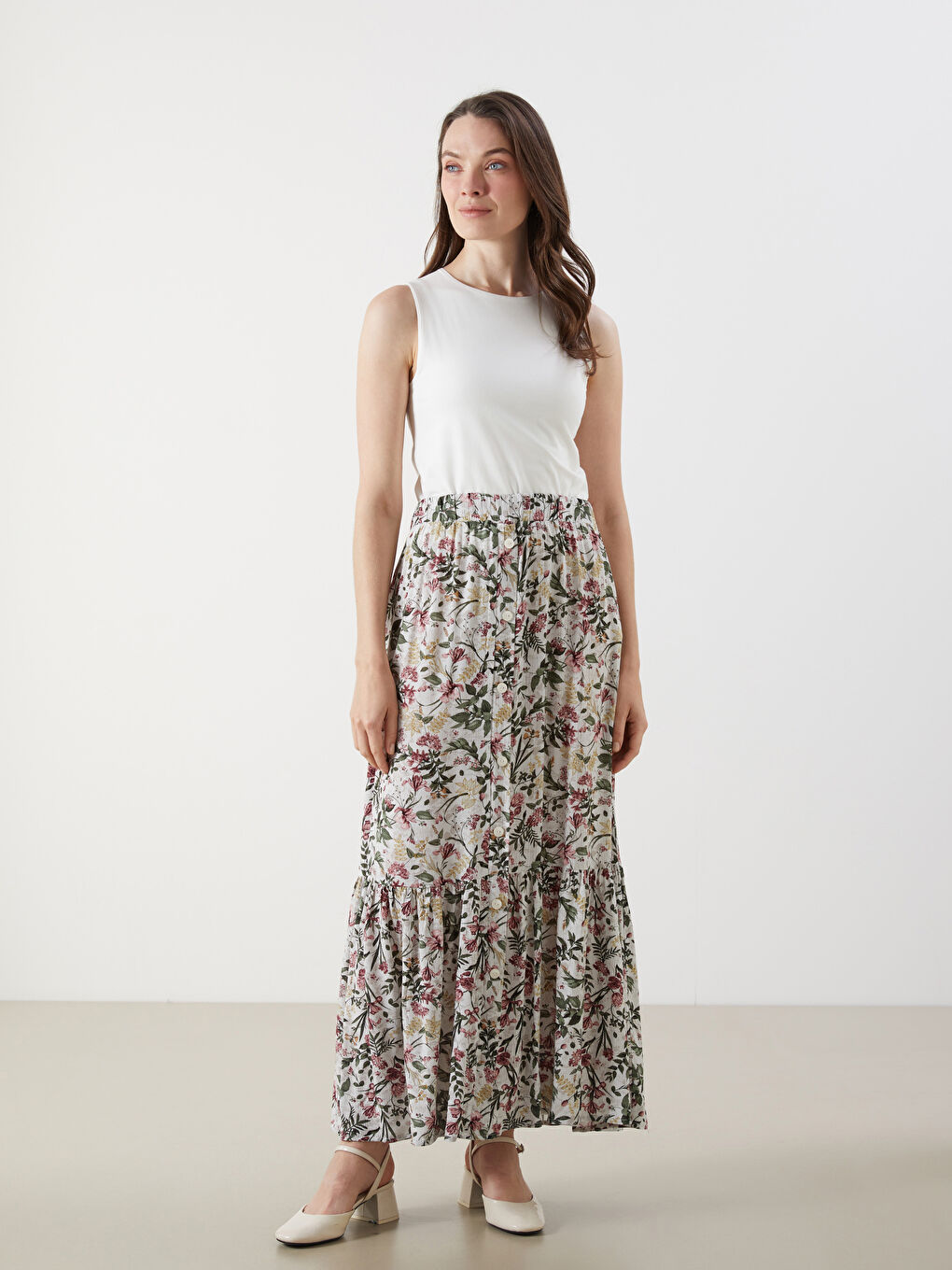 Elasticated Waist Floral A-Line Skirt -S5M275Z8-LQB