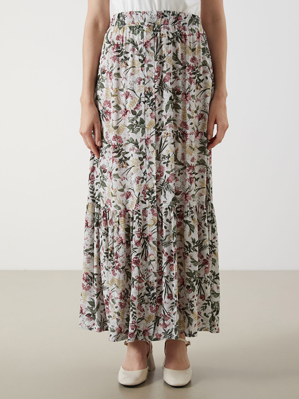 Elasticated Waist Floral A-Line Skirt -S5M275Z8-LQB