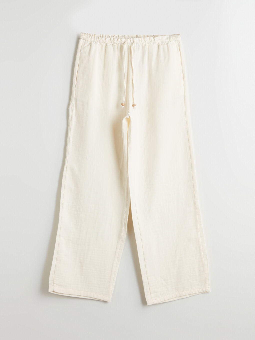 Ekru Beli Lastikli Geniş Paça Müslin Kadın Pantolon-5