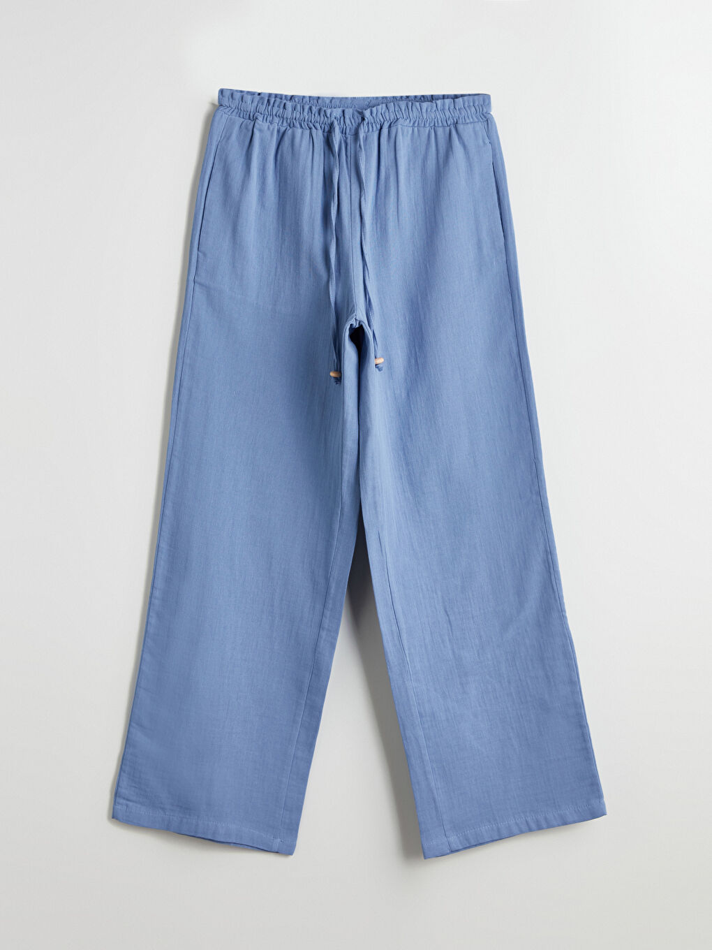 Mavi Beli Lastikli Geniş Paça Müslin Kadın Pantolon-4