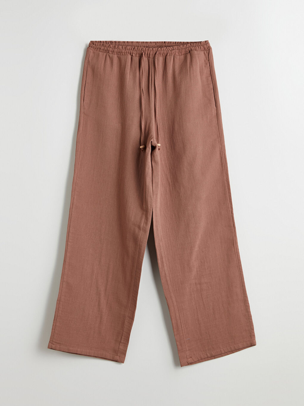 Kahverengi Beli Lastikli Geniş Paça Müslin Kadın Pantolon-4