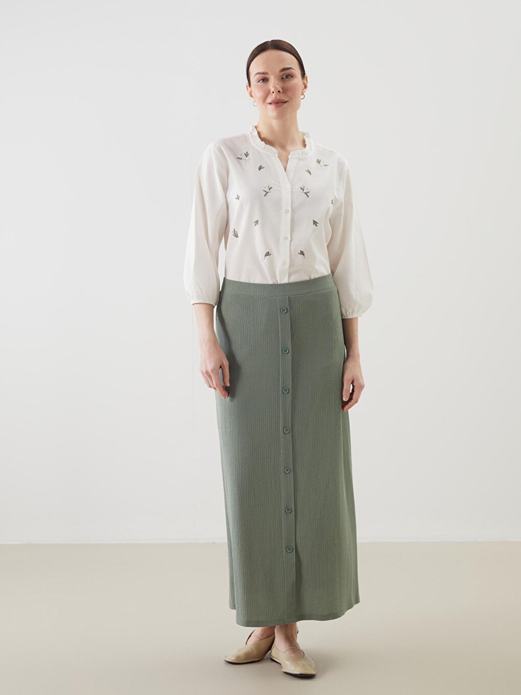 Yeşil Beli Lastikli Dokulu A Kesim Kadın Etek