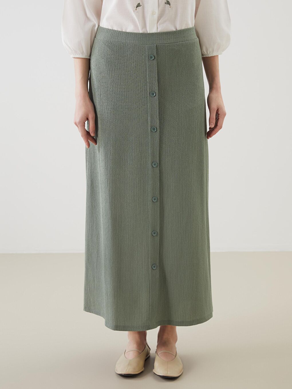 Yeşil Beli Lastikli Dokulu A Kesim Kadın Etek-1