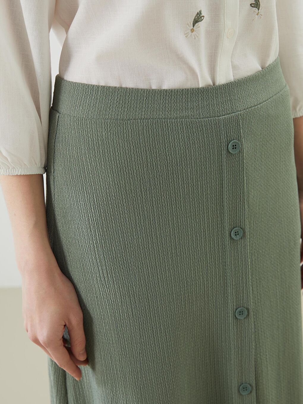 Yeşil Beli Lastikli Dokulu A Kesim Kadın Etek-2