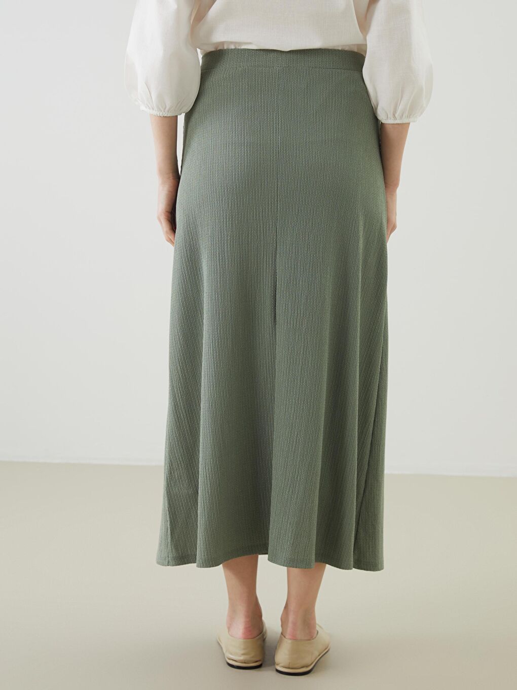 Yeşil Beli Lastikli Dokulu A Kesim Kadın Etek-3