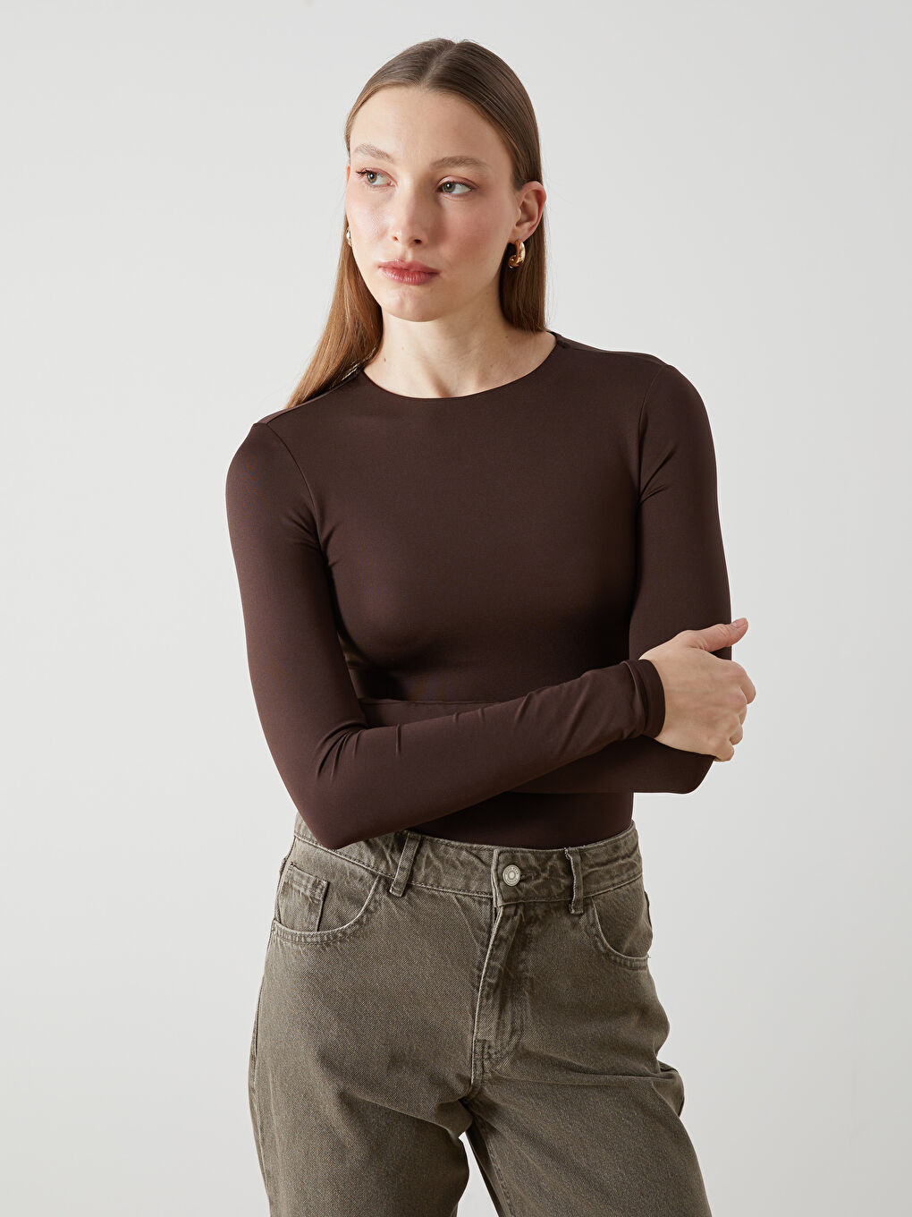 LCW Vision Kahverengi Bisiklet Yaka Kadın Bodysuit