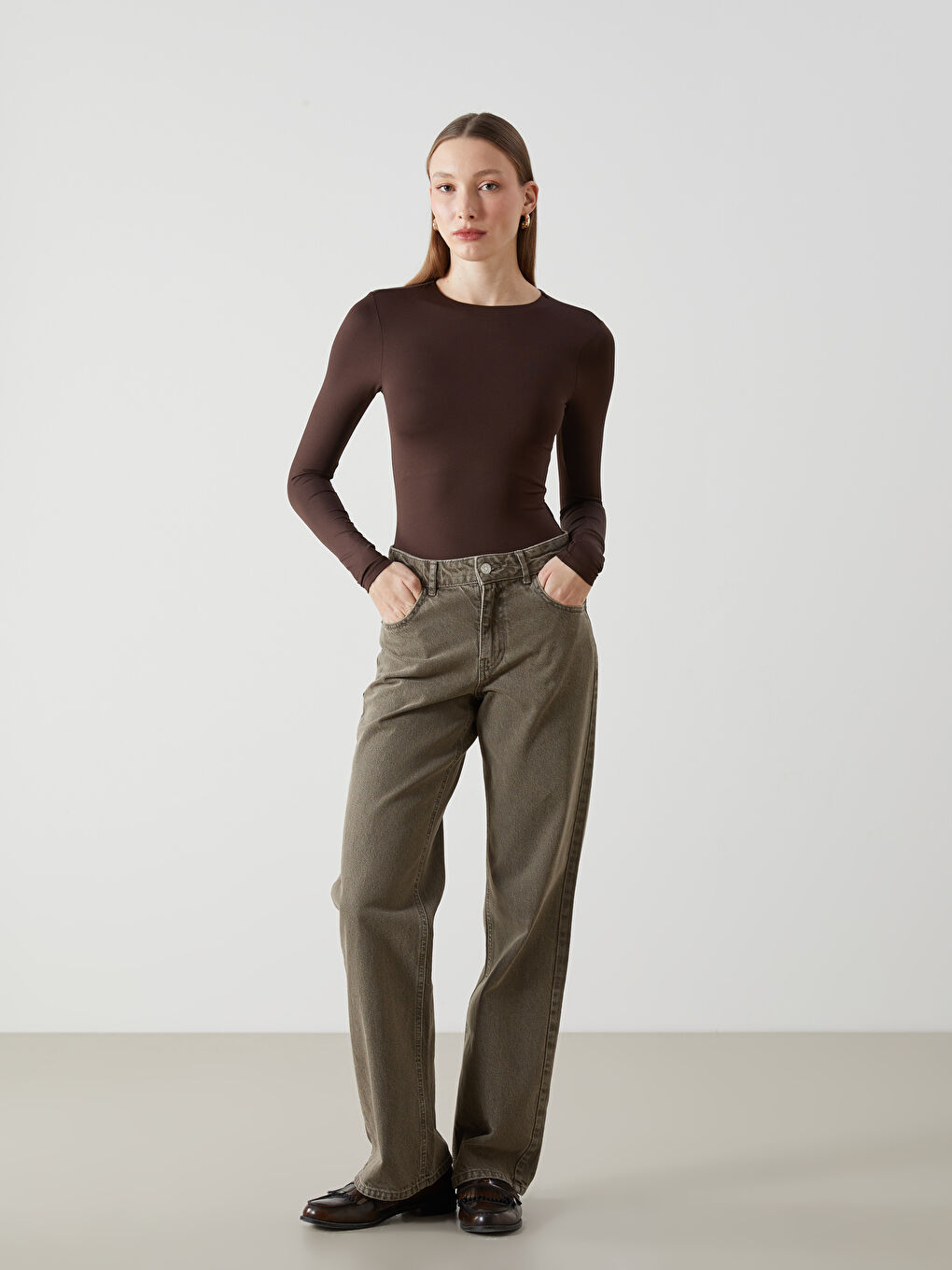 LCW Vision Kahverengi Bisiklet Yaka Kadın Bodysuit - 1