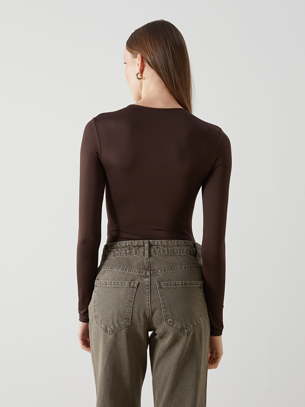 LCW Vision Kahverengi Bisiklet Yaka Kadın Bodysuit - 3