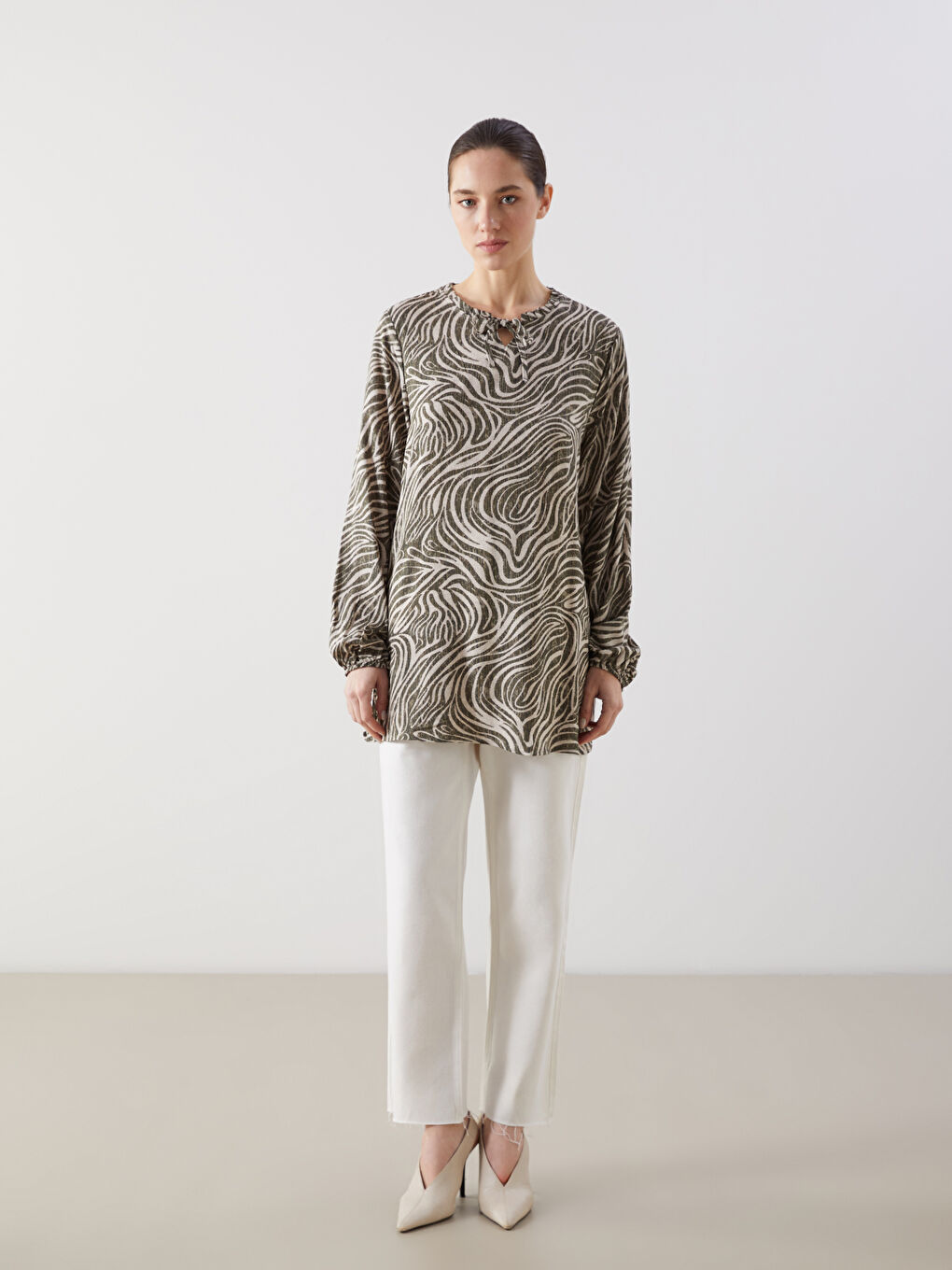 Tie Collar Patterned Women's Blouse -S5M292Z8-LQY