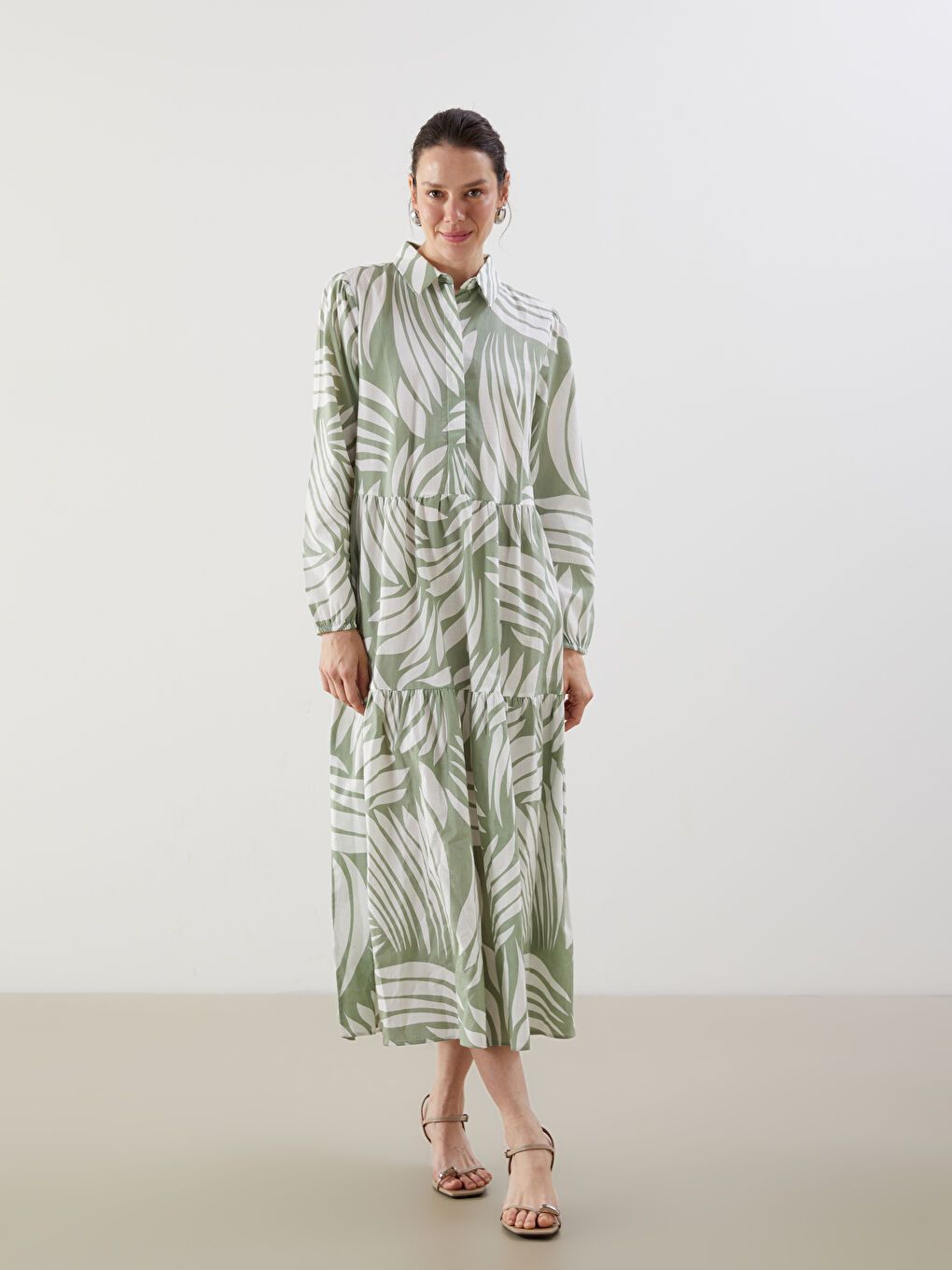 LCWAIKIKI Classic Collared Neck Patterned A-Line Dress -S5M305Z8-LRF