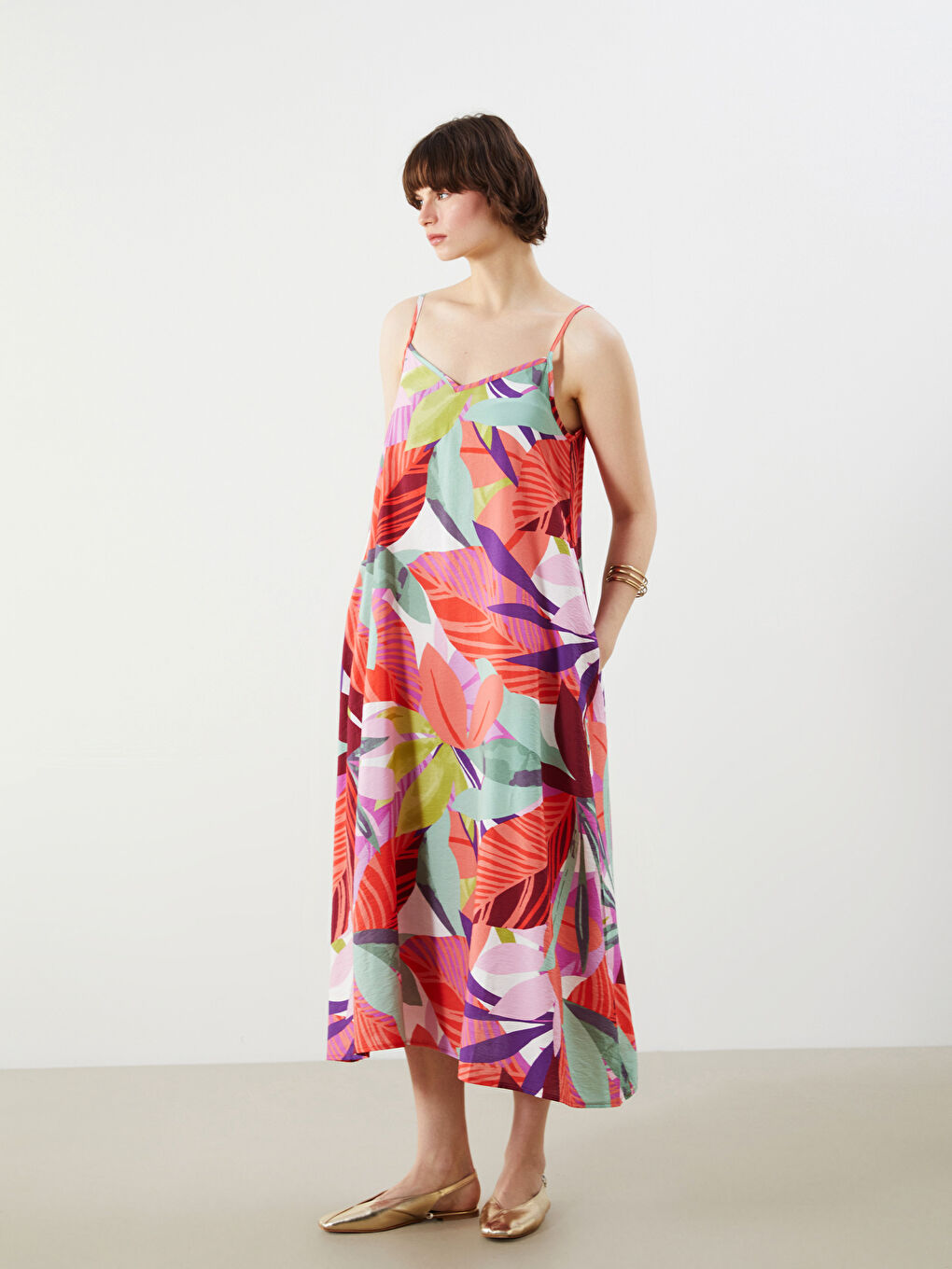 V Neck Floral Strappy A-Line Dress -S5M314Z8-F9C