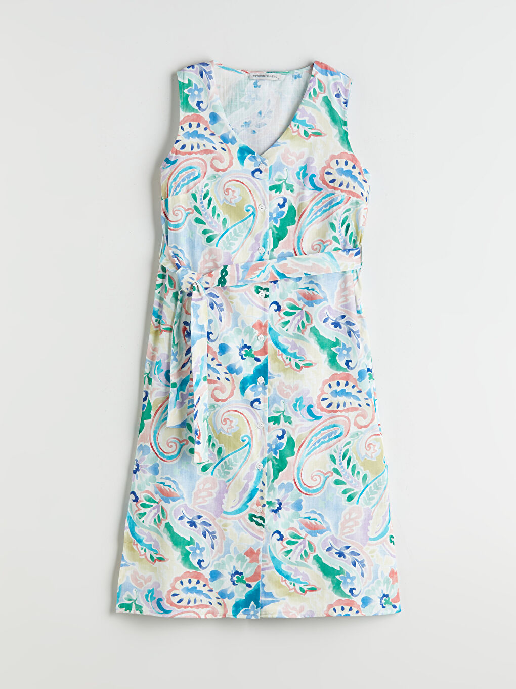 Karışık V Yaka Desenli Kuşaklı Elbise-6