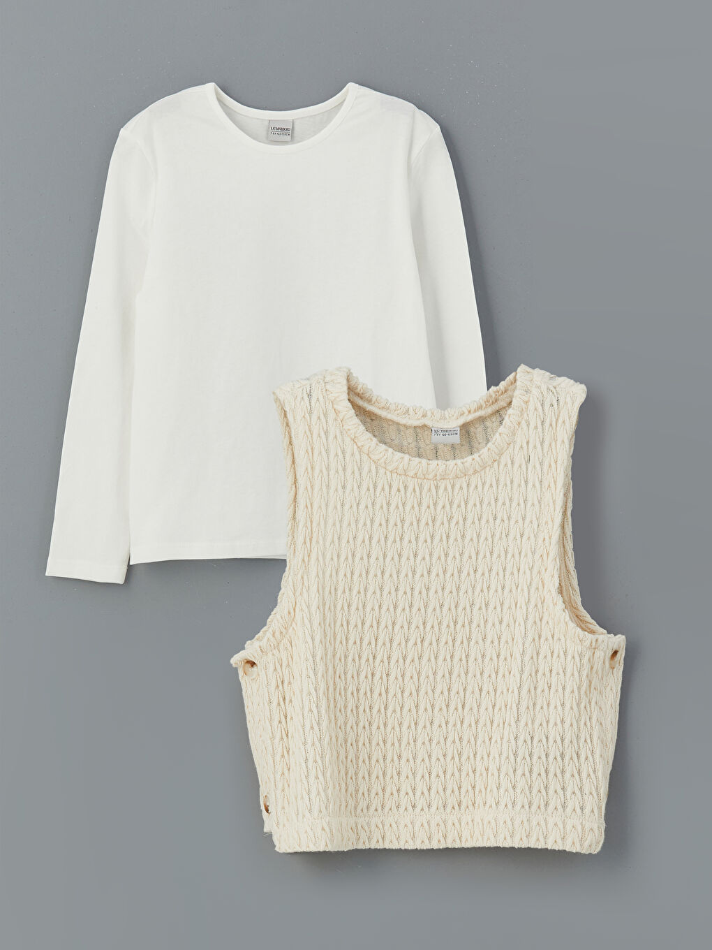 Ekru Bisiklet Yaka Kız Çocuk Tişört ve Süveter 2'li