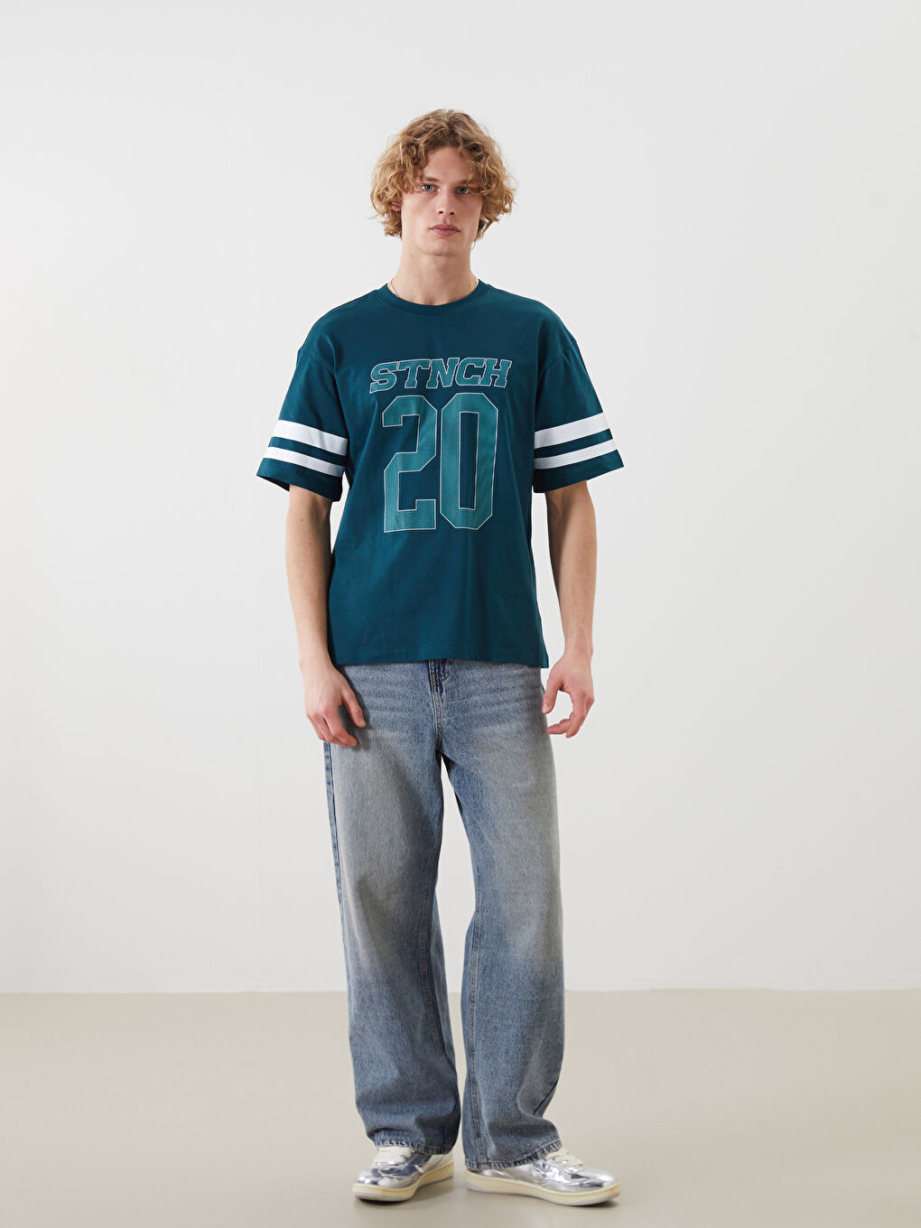 Petrol Bisiklet Yaka Kısa Kollu Baskılı Penye Erkek Tişört-1