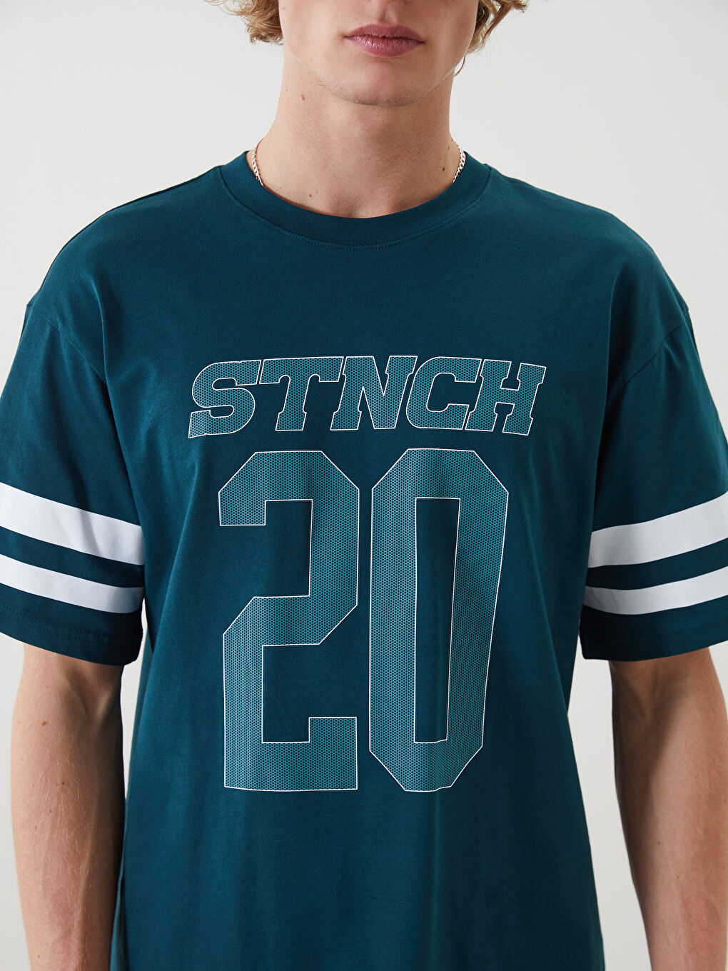 Petrol Bisiklet Yaka Kısa Kollu Baskılı Penye Erkek Tişört-2