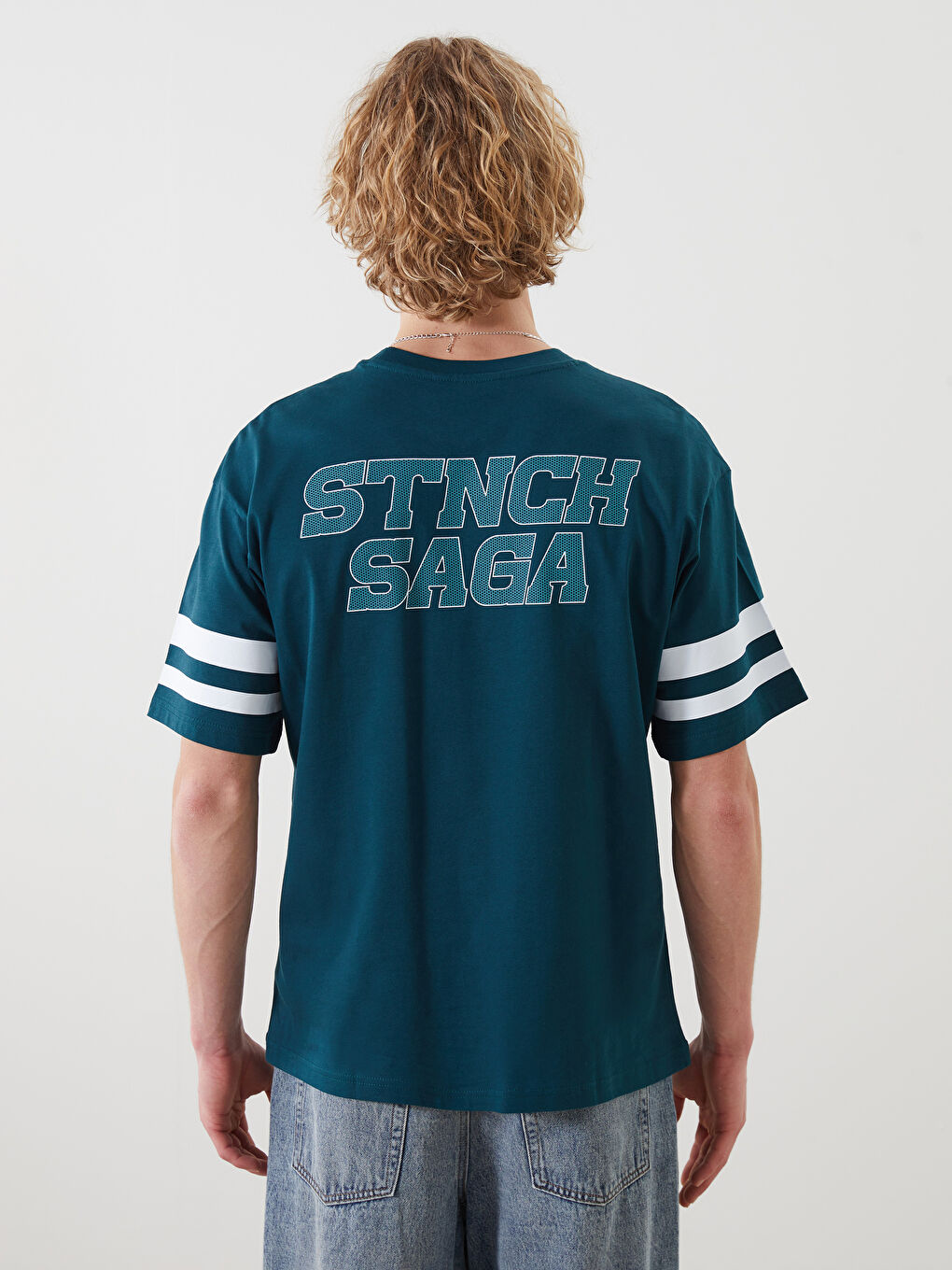 Petrol Bisiklet Yaka Kısa Kollu Baskılı Penye Erkek Tişört-3