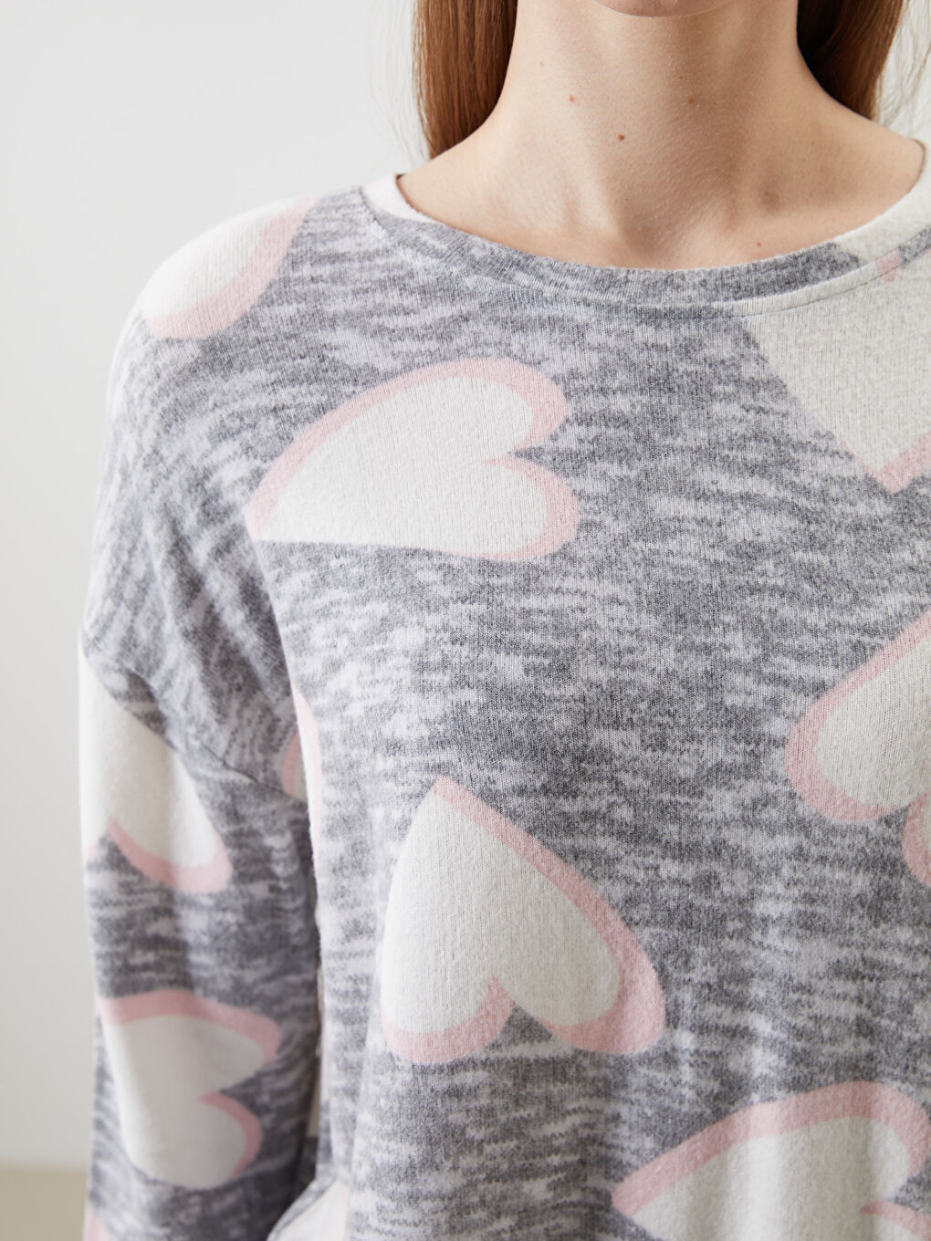 Gri Bisiklet Yaka Baskılı Kadın Pijama Takımı-2