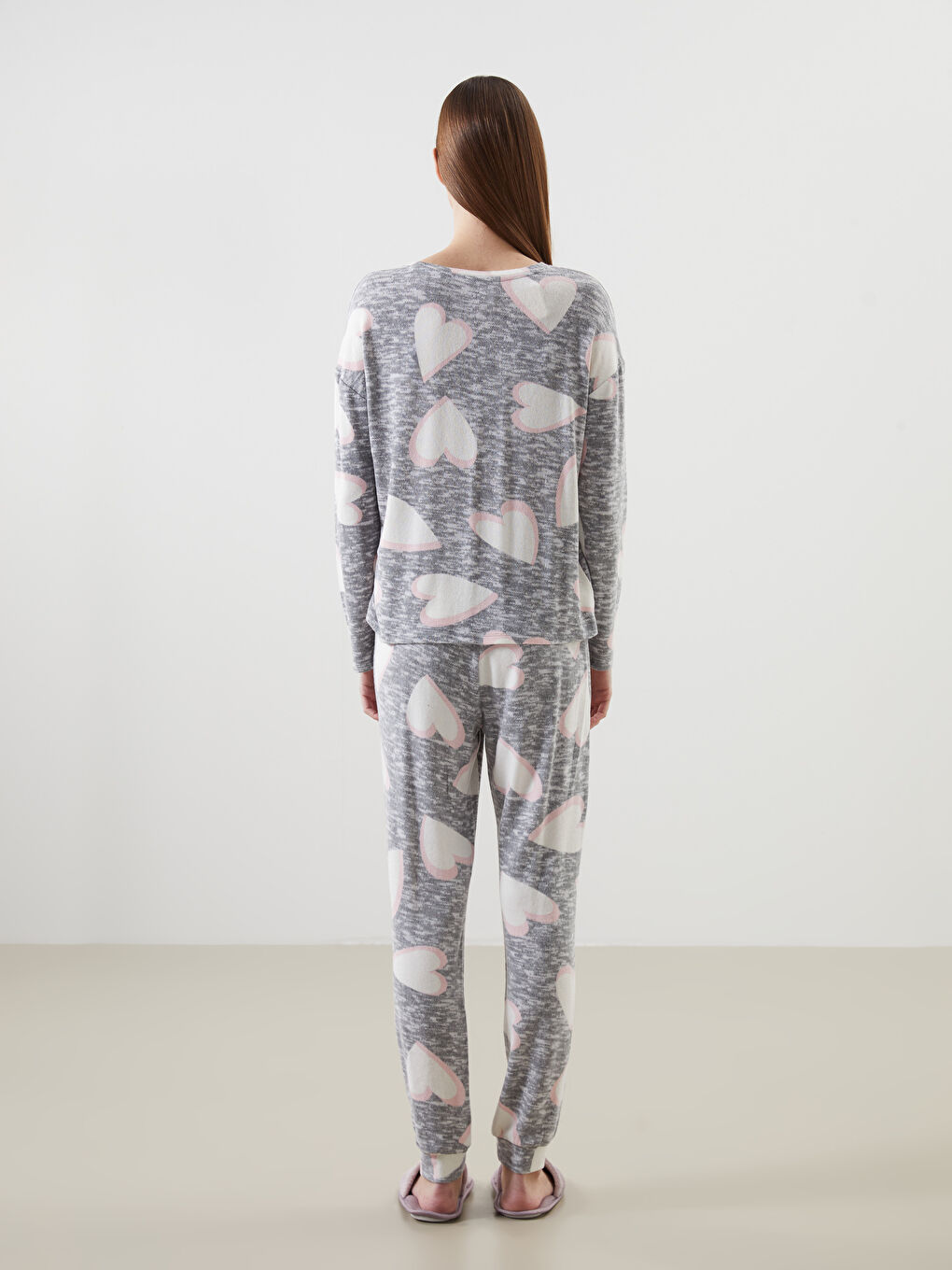 Gri Bisiklet Yaka Baskılı Kadın Pijama Takımı-3