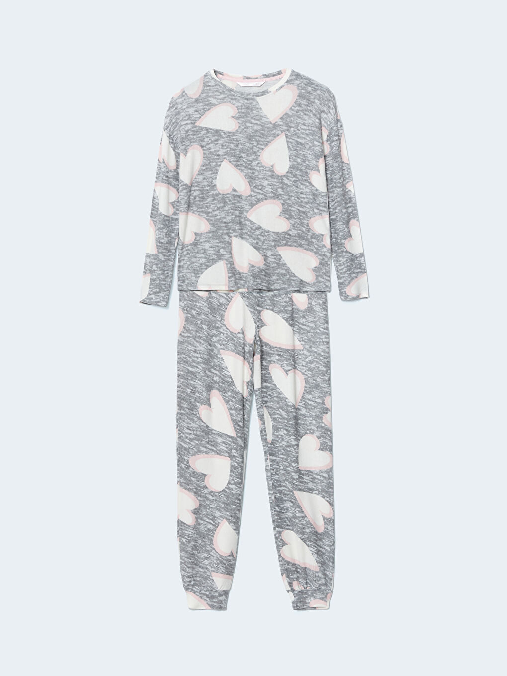 Gri Bisiklet Yaka Baskılı Kadın Pijama Takımı-4