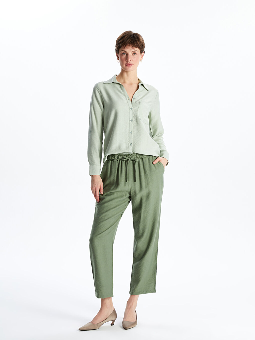 Haki Beli Lastikli Kadın Pantolon