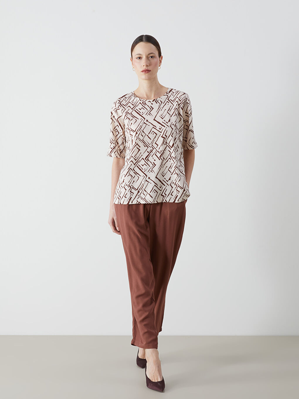 Kahverengi Beli Lastikli Kadın Pantolon