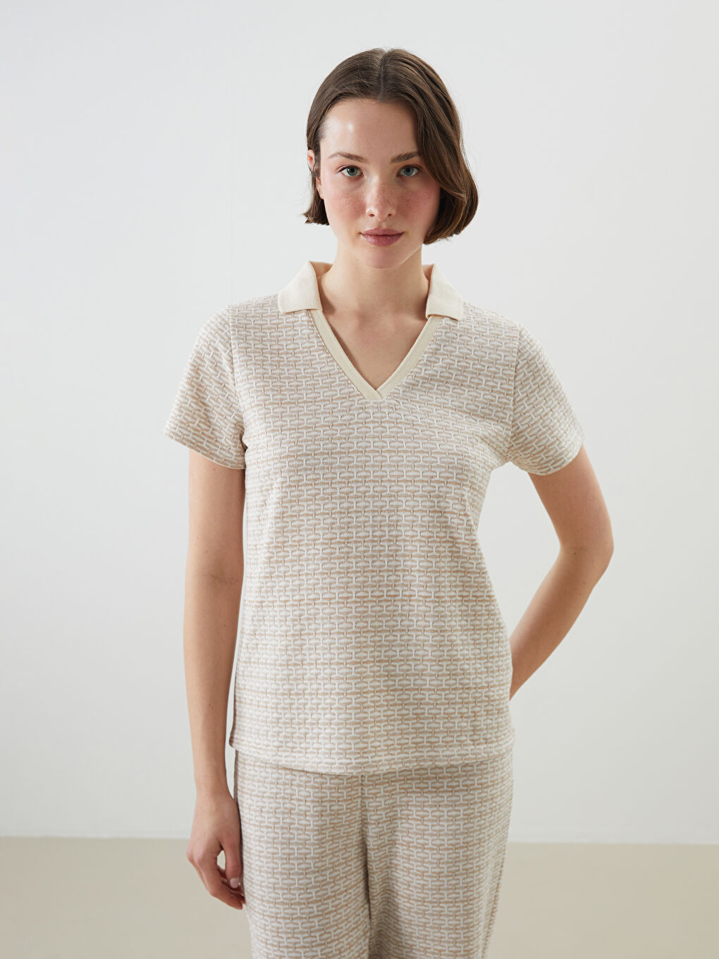 Polo Neck Patterned Women'S T-Shirt -S5M437Z8-MHK