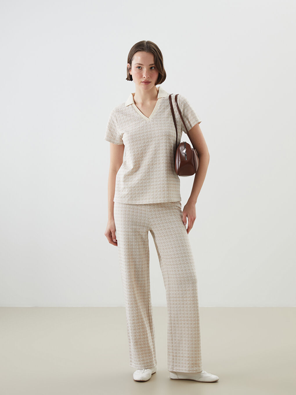 Polo Neck Patterned Women'S T-Shirt -S5M437Z8-MHK