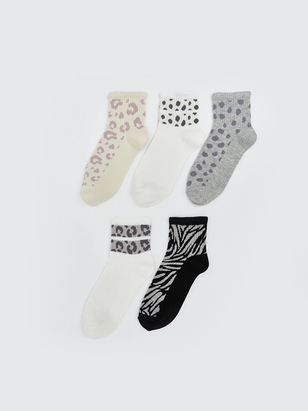 Ekru Leopar Desenli Kadın Soket Çorap 5'li
