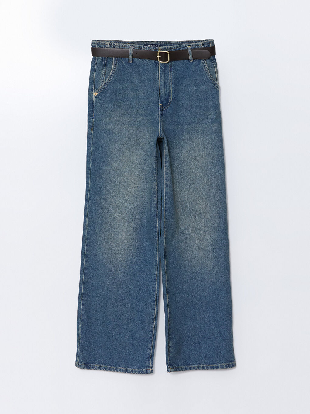 İndigo Beli Kemerli Wideleg Kadın Jean Pantolon-4