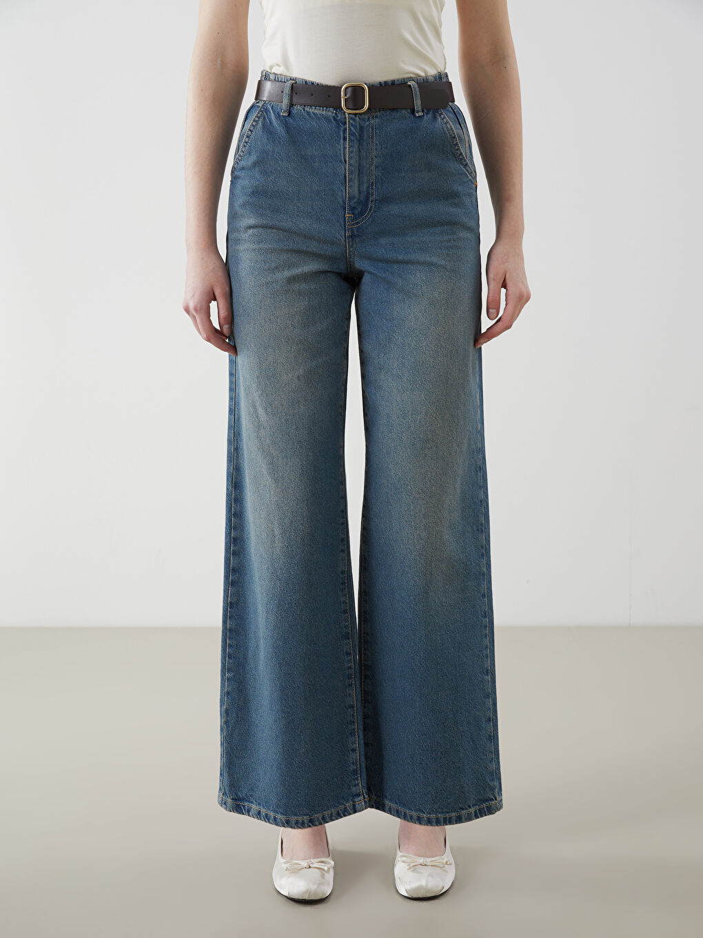 İndigo Beli Kemerli Wideleg Kadın Jean Pantolon-1
