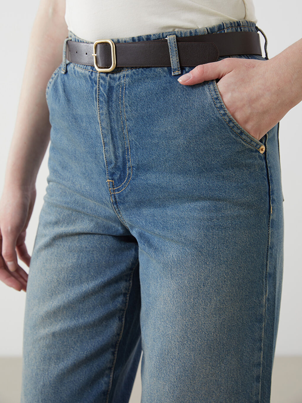 İndigo Beli Kemerli Wideleg Kadın Jean Pantolon-2