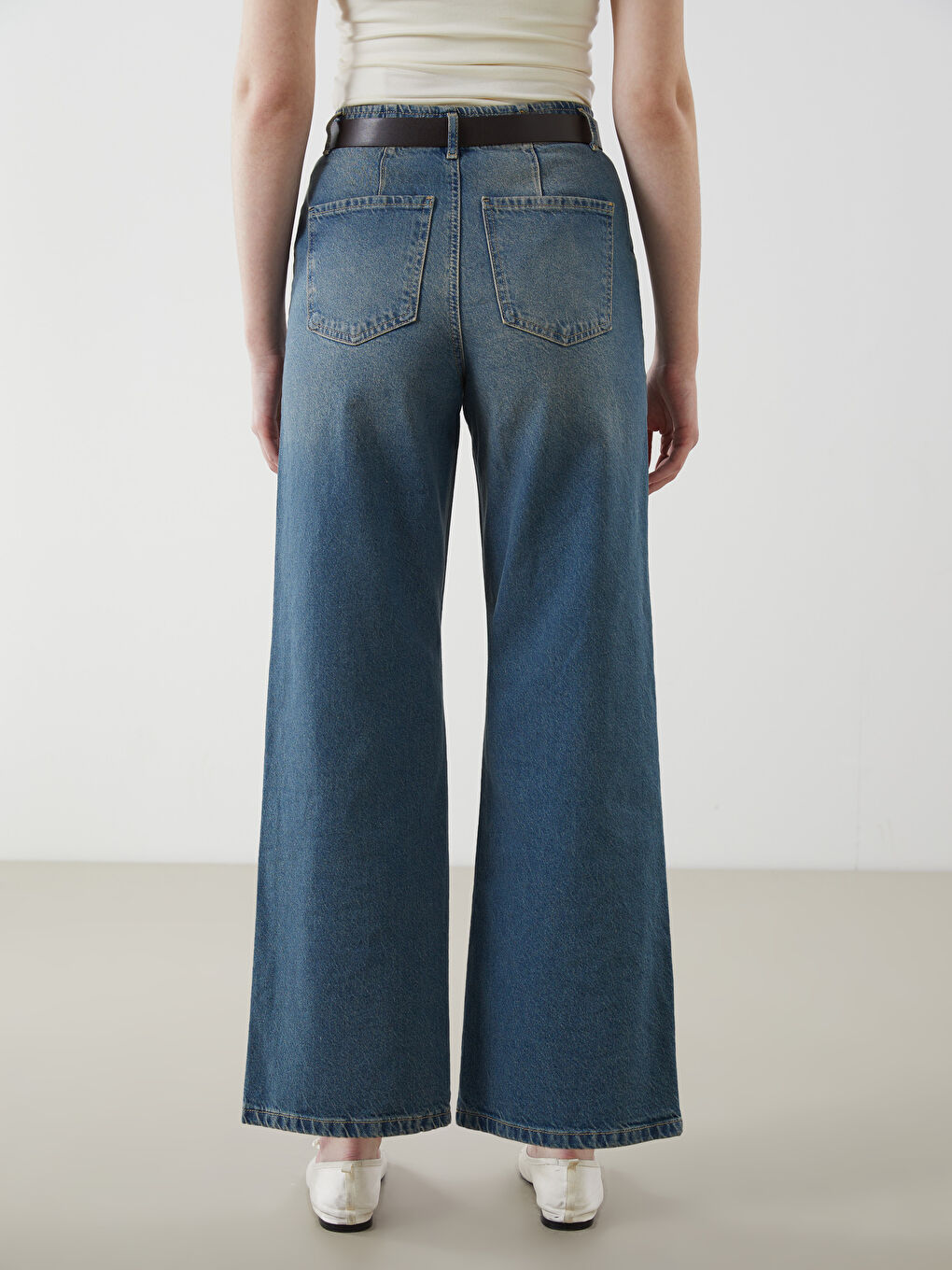 İndigo Beli Kemerli Wideleg Kadın Jean Pantolon-3